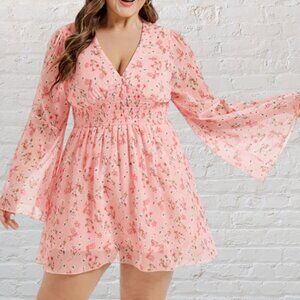 3X Floral Trumpet Sleeve Chiffon Mini Dress